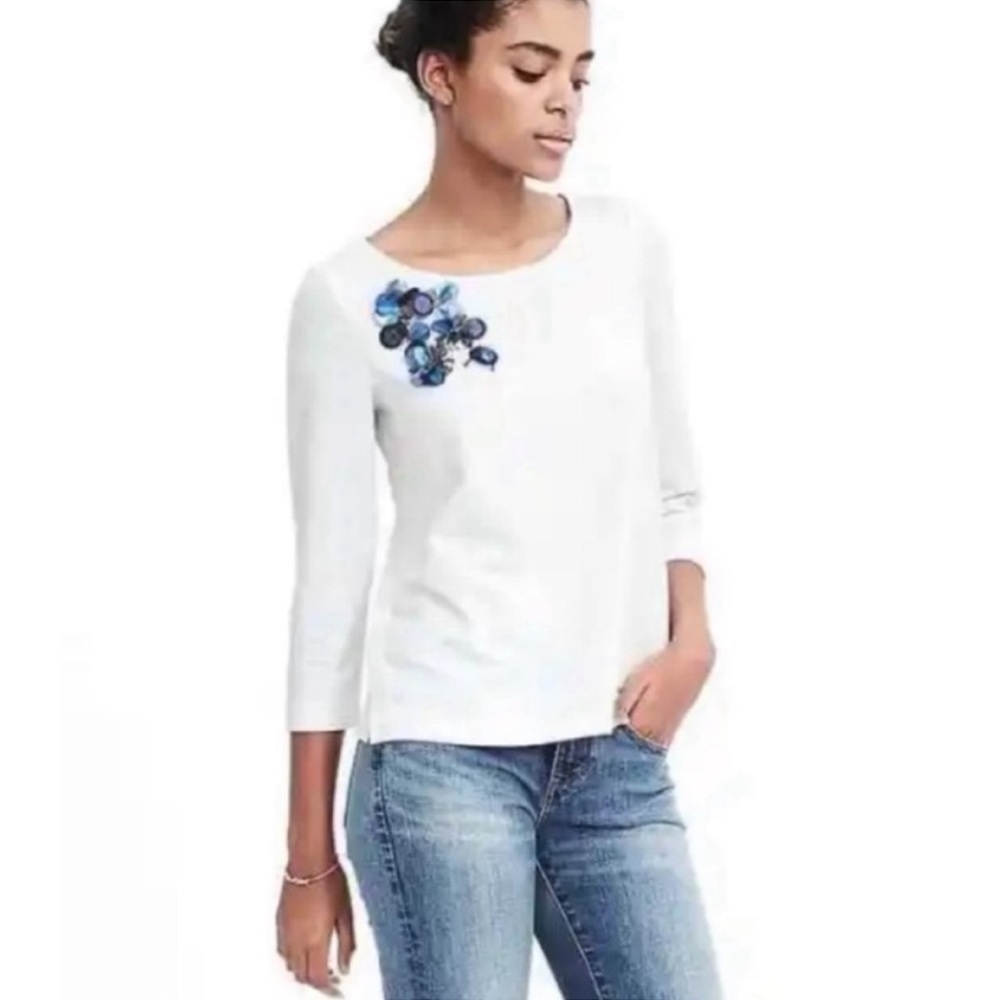 Banana Republic Paillet Embellished White 3/4 SleeveTop